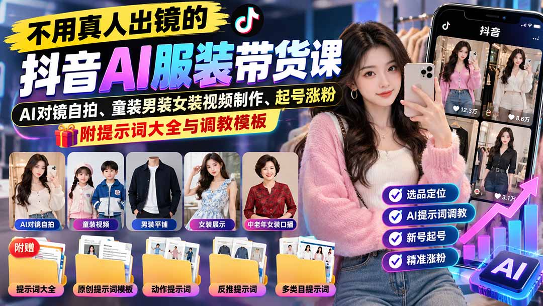 不用真人出镜的抖音AI服装带货课：AI对镜自拍、童装男装女装视频制作、起号涨粉，附提示词大全与调教模板-泱泱学习社