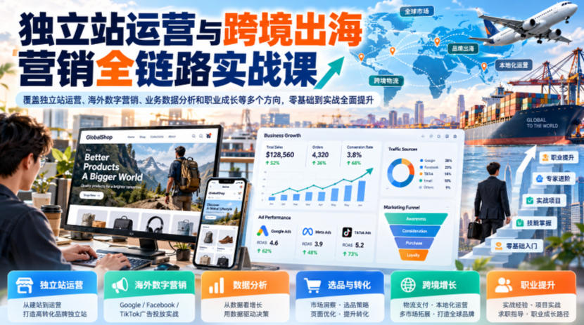 独立站运营与跨境出海营销全链路实战课，覆盖独立站运营、海外数字营销、业务数据分析和职业成长等多个方向，零基础到实战全面提升-泱泱学习社
