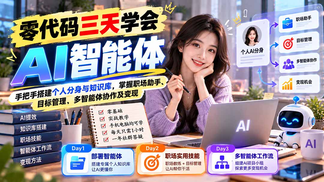 【无水印】零代码三天学会AI智能体：手把手搭建个人分身与知识库，掌握职场助手、目标管理、多智能体协作及变现-泱泱学习社