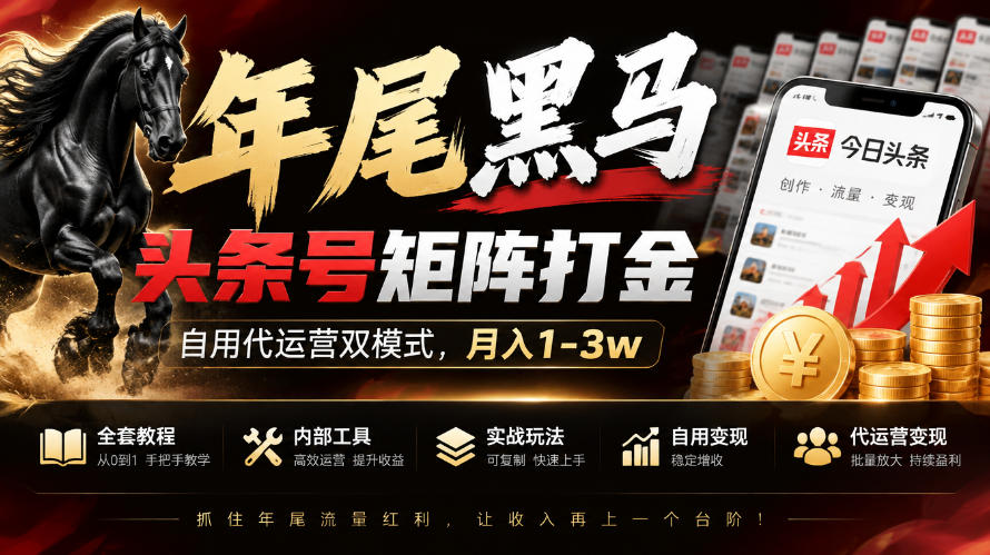 【年尾黑马】头条号矩阵打金,自用代运营双模式,月入1-3w,附全套教程及内部工具【揭秘】-泱泱学习社