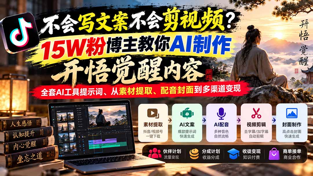 不会写文案不会剪视频？15W粉博主教你AI制作开悟觉醒内容，全套AI工具提示词、从素材提取、配音封面到多渠道变现-泱泱学习社