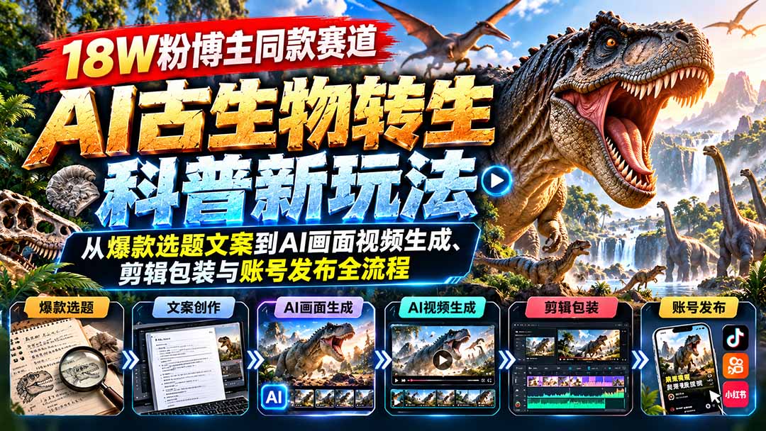 18W粉博主同款赛道-AI古生物转生科普新玩法:从爆款选题文案到AI画面视频生成、剪辑包装与账号发布全流程-泱泱学习社