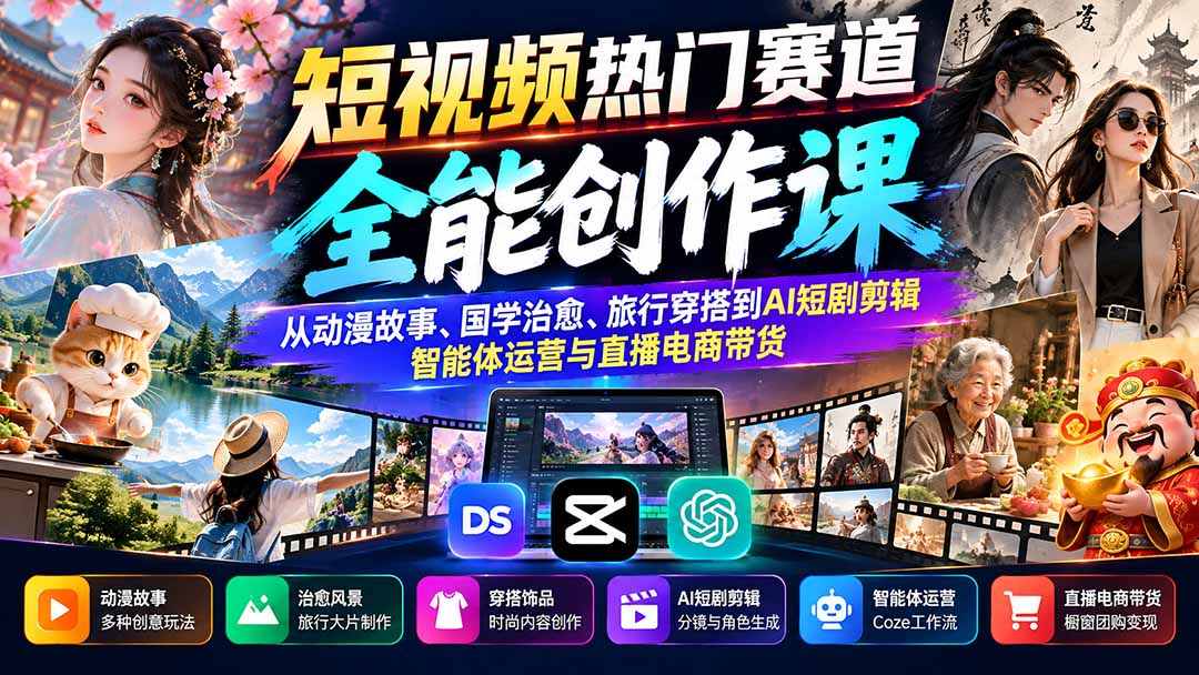 短视频热门赛道全能创作课：从动漫故事、国学治愈、旅行穿搭到AI短剧剪辑、智能体运营与直播电商带货-泱泱学习社
