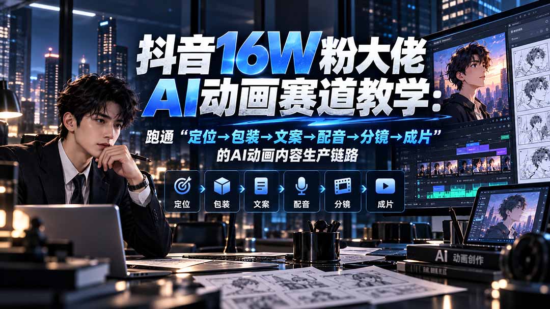 抖音16W粉大佬规则门禁AI动画赛道教学:跑通“定位→包装→文案→配音→分镜→成片”的AI动画内容生产链路-泱泱学习社