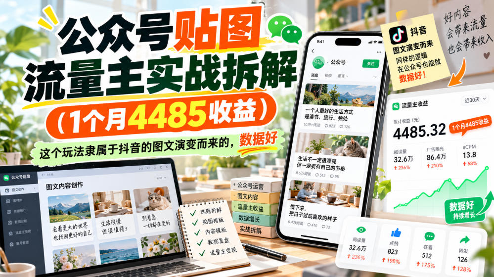 公众号贴图流量主实战拆解(1个月4485收益),这个玩法隶属于抖音的图文演变而来的,数据好-泱泱学习社