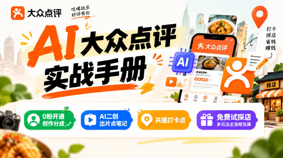 某局的AI大众点评实战手册，0粉开通创作分成、AI二创出片点笔记、共建打卡点、免费试探店多玩法全流程实操-泱泱学习社