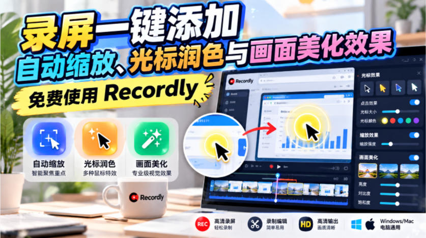 录屏一键添加自动缩放、光标润色与画面美化效果，免费使用Recordly-泱泱学习社