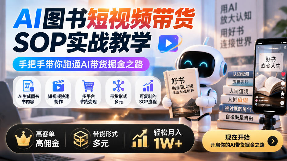 AI图书短视频带货SOP实战教学,手把手带你跑通AI带货掘金之路,高客单高佣金,带货形式多元,轻松月入1W+-泱泱学习社