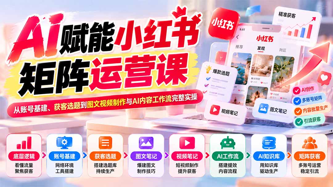AI赋能小红书矩阵运营课:从账号基建、获客选题到图文视频制作与AI内容工作流完整实操-泱泱学习社