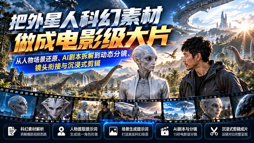 把外星人科幻素材做成电影级大片：从人物场景还原、AI剧本拆解到动态分镜、镜头衔接与沉浸式剪辑-泱泱学习社