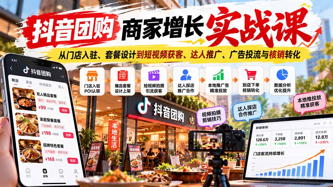 抖音团购商家增长实战课：从门店入驻、套餐设计到短视频获客、达人推广、广告投流与核销转化-泱泱学习社