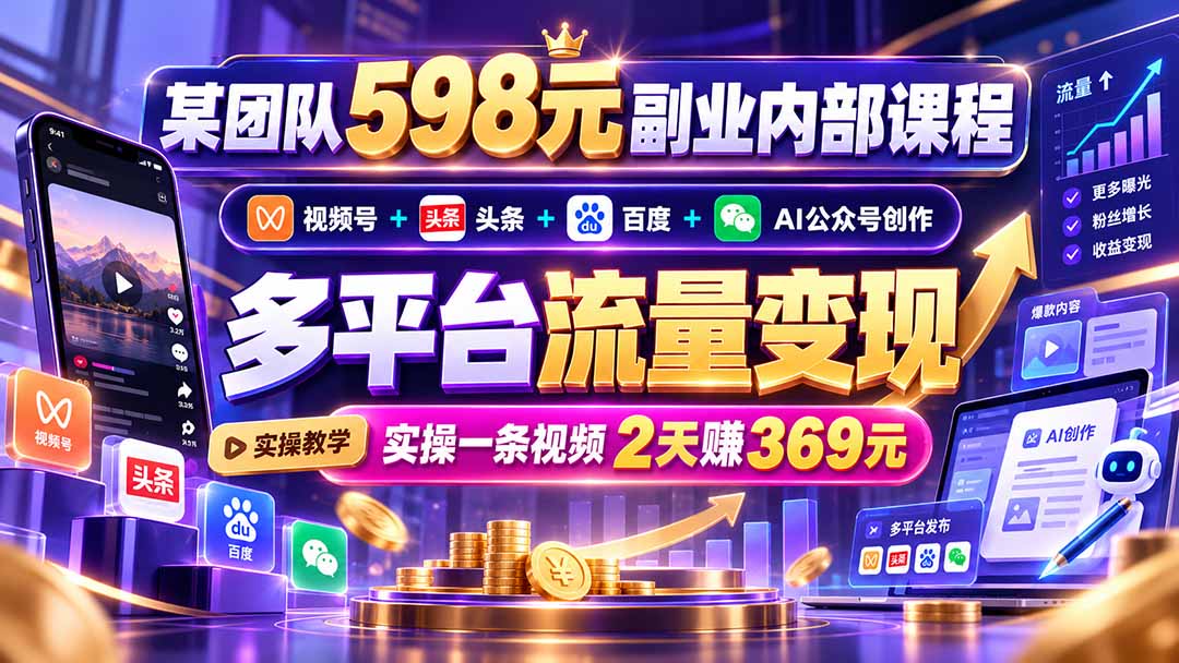 某团队598元副业内部课程：视频号+头条+百度+AI公众号创作、多平台流量变现，实操一条视频2天赚369元-泱泱学习社
