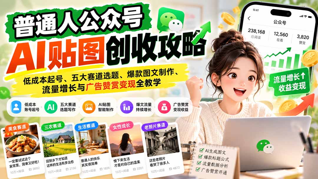 普通人公众号AI贴图创收攻略：低成本起号、五大赛道选题、爆款图文制作、流量增长与广告赞赏变现全教学-泱泱学习社