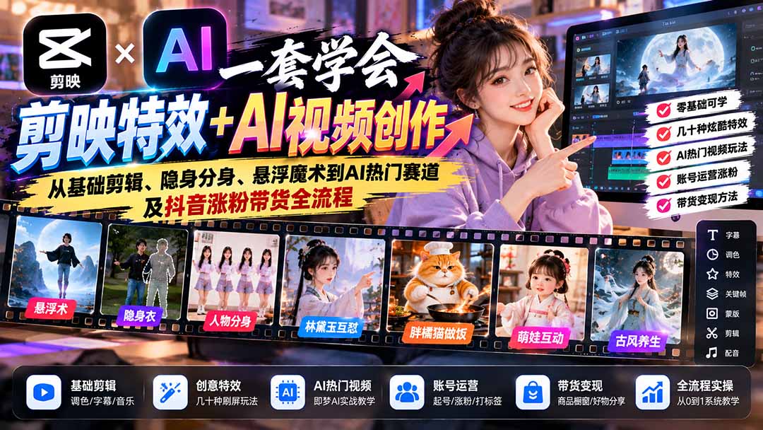 一套学会剪映特效+AI视频创作:从基础剪辑、隐身分身、悬浮魔术到AI热门赛道及抖音涨粉带货全流程-泱泱学习社