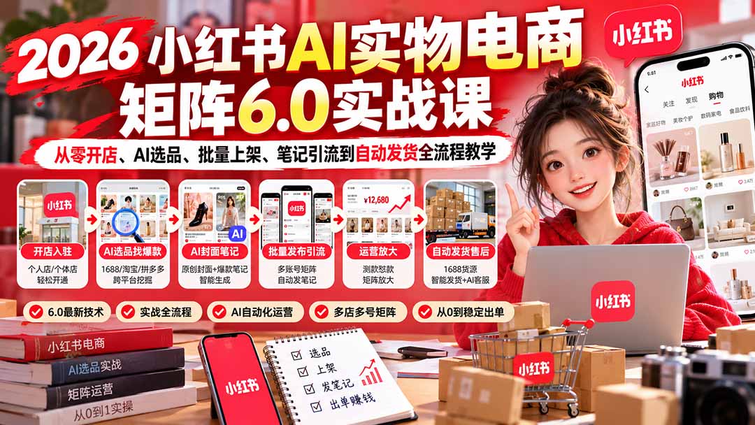 2026小红书AI实物电商矩阵6.0实战课：从零开店、AI选品、批量上架、笔记引流到自动发货全流程教学-泱泱学习社