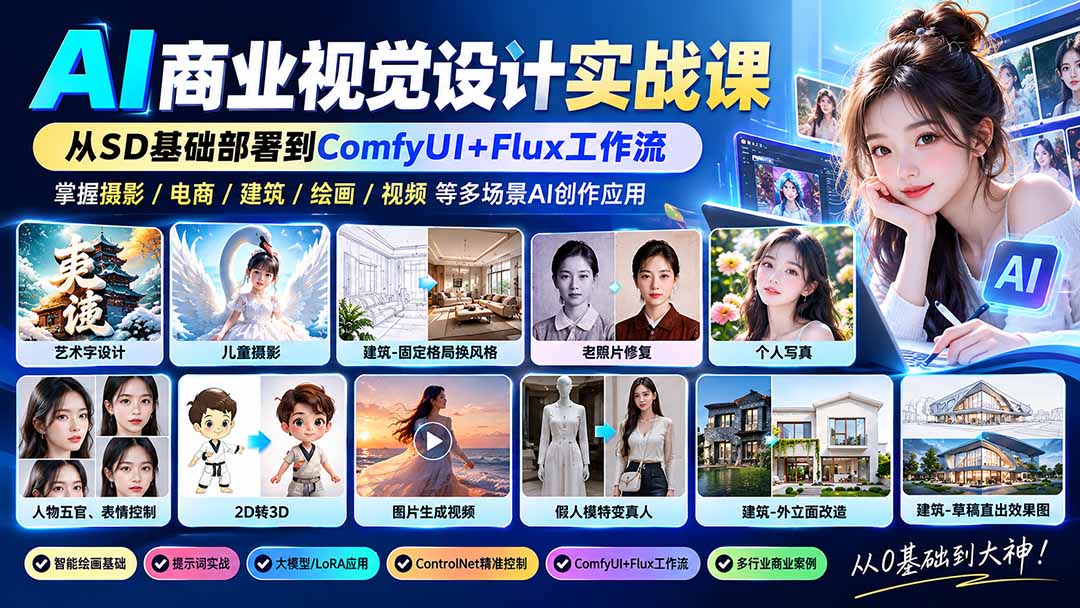 【无水印】AI商业视觉设计实战课:从SD基础部署到ComfyUI+Flux工作流,掌握摄影电商建筑AI创作-泱泱学习社