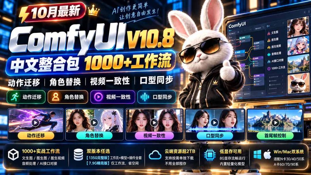 10月最新ComfyUI V10.8中文整合包 1000+工作流 动作迁移 角色替换 视频一致性 口型同步 低显存可用-泱泱学习社
