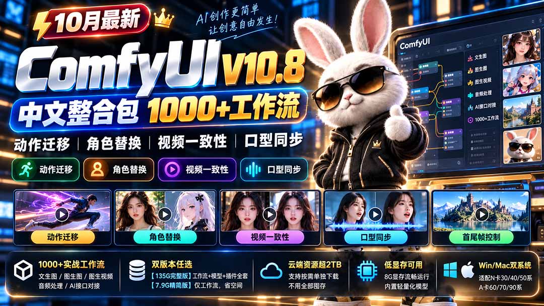 10月最新ComfyUI V10.8中文整合包 1000+工作流 动作迁移 角色替换 视频一致性 口型同步 低显存可用-泱泱学习社