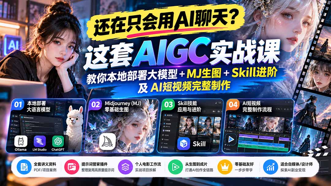 【无水印】还在只会用AI聊天?这套AIGC实战课教你本地部署大模型+MJ生图+Skill进阶及AI短视频完整制作-泱泱学习社