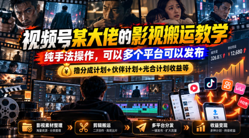 视频号某大佬的影视搬运教学，纯手法操作，可以多个平台可以发布，撸分成计划+伙伴计划+光合计划收益等-泱泱学习社