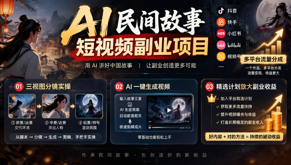 AI民间故事短视频副业项目,多平台流量分成,三视图分镜实操,精选计划放大副业收益-泱泱学习社