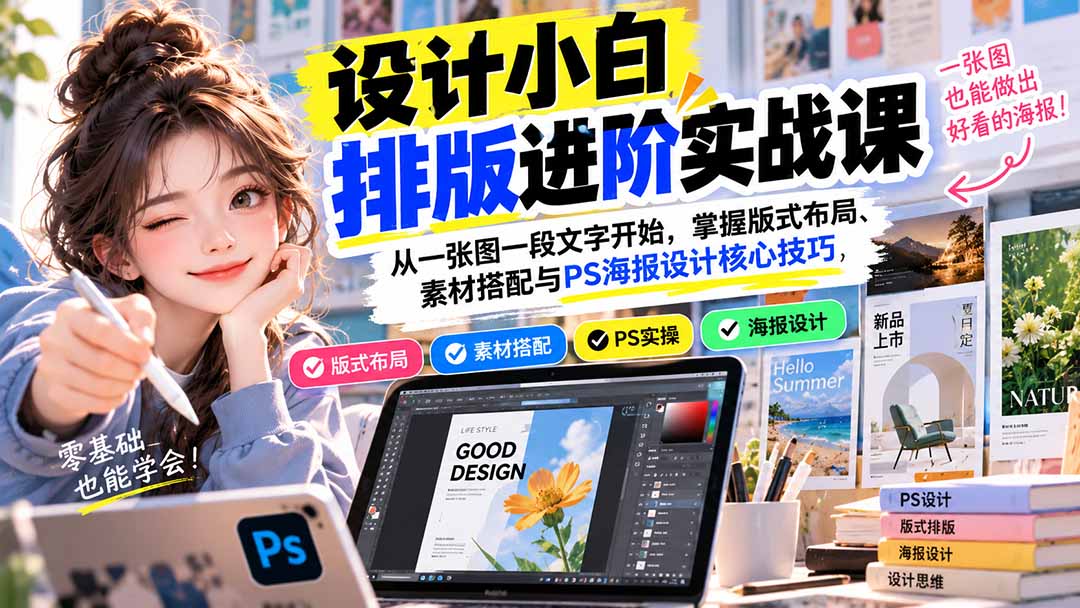 设计小白排版进阶实战课：从一张图一段文字开始，掌握版式布局、素材搭配与PS海报设计核心技巧-泱泱学习社