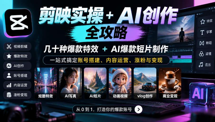 剪映实操+AI创作全攻略|几十种爆款特效+AI爆款短片制作,一站式搞定账号搭建、内容运营、涨粉与变现-泱泱学习社