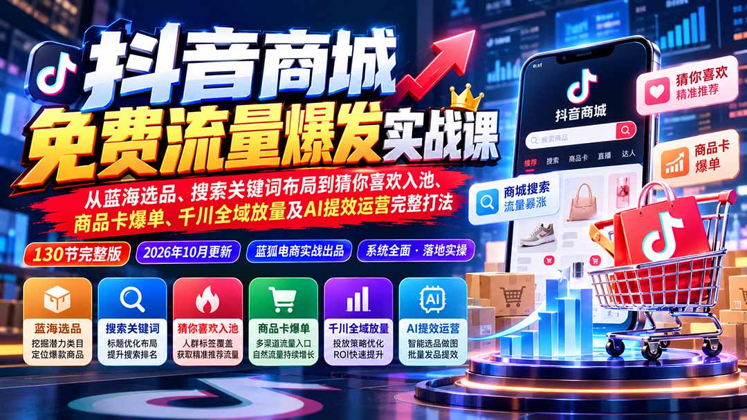 抖音商城免费流量爆发实战：从蓝海选品、搜索关键词布局到猜你喜欢入池、商品卡爆单、千川全域放量及AI提效完整打法-泱泱学习社