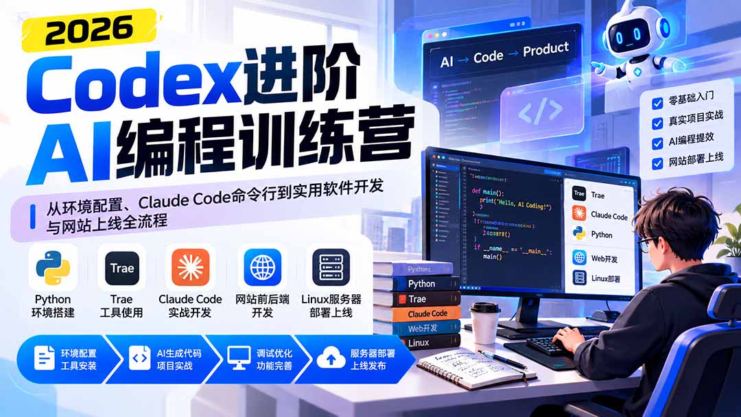 Codex进阶AI编程训练营:从环境配置、Claude Code命令行到实用软件开发与网站上线全流程-泱泱学习社