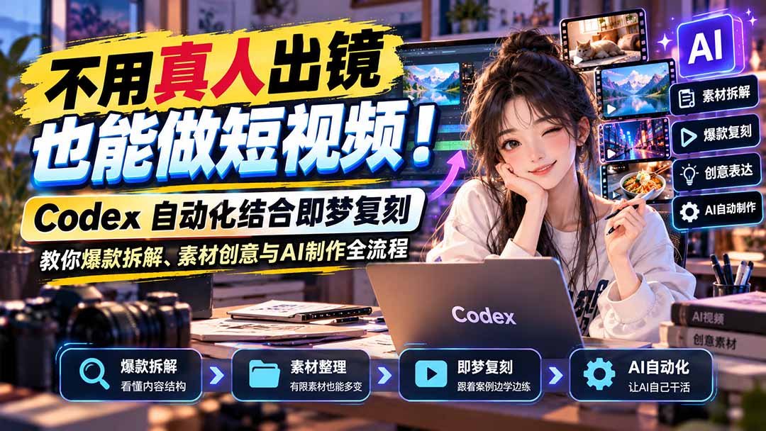 不用真人出镜也能做短视频!Codex自动化结合即梦复刻,教你爆款拆解、素材创意与AI制作全流程-泱泱学习社
