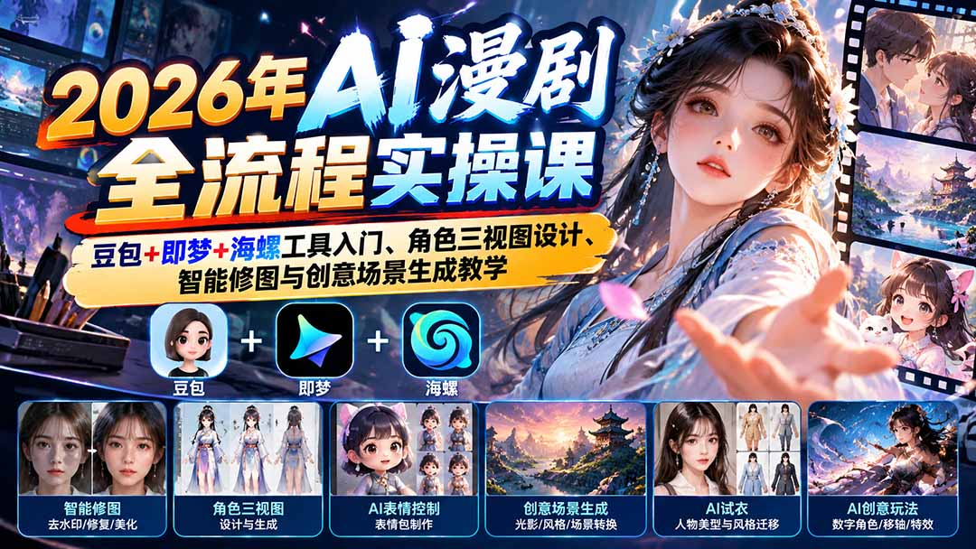 2026年AI漫剧全流程实操课：豆包+即梦+海螺工具入门、角色三视图设计、智能修图与创意场景生成教学-泱泱学习社