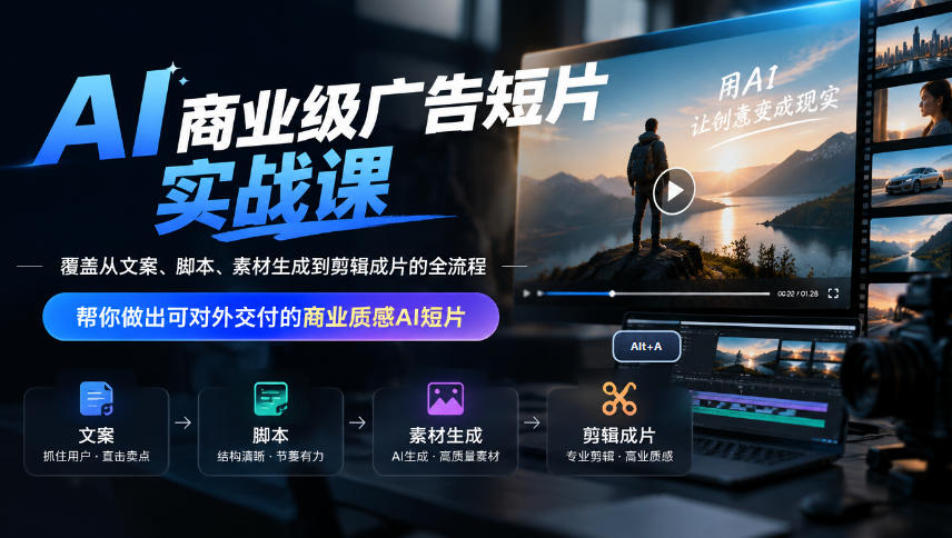AI商业级广告短片实战课，覆盖从文案、脚本、素材生成到剪辑成片的全流程，帮你做出可对外交付的商业质感AI短片-泱泱学习社