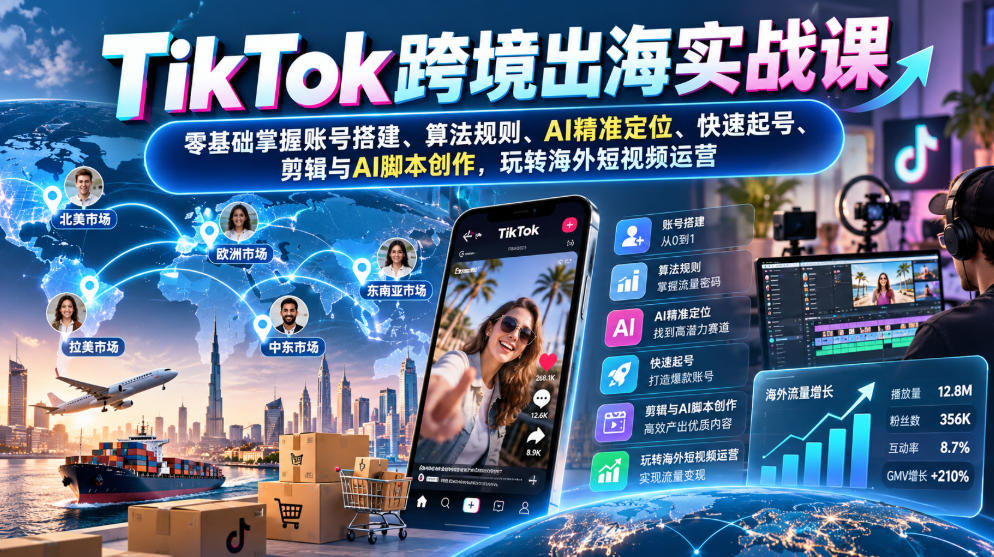 TikTok跨境出海实战课:零基础掌握账号搭建、算法规则、AI精准定位、快速起号、剪辑与AI脚本创作,玩转海外短视频运营-泱泱学习社