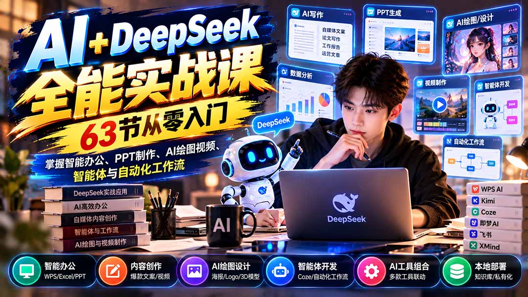 AI+DeepSeek全能实战课:63节从零入门,掌握智能办公、PPT制作、AI绘图视频、智能体与自动化工作流-泱泱学习社