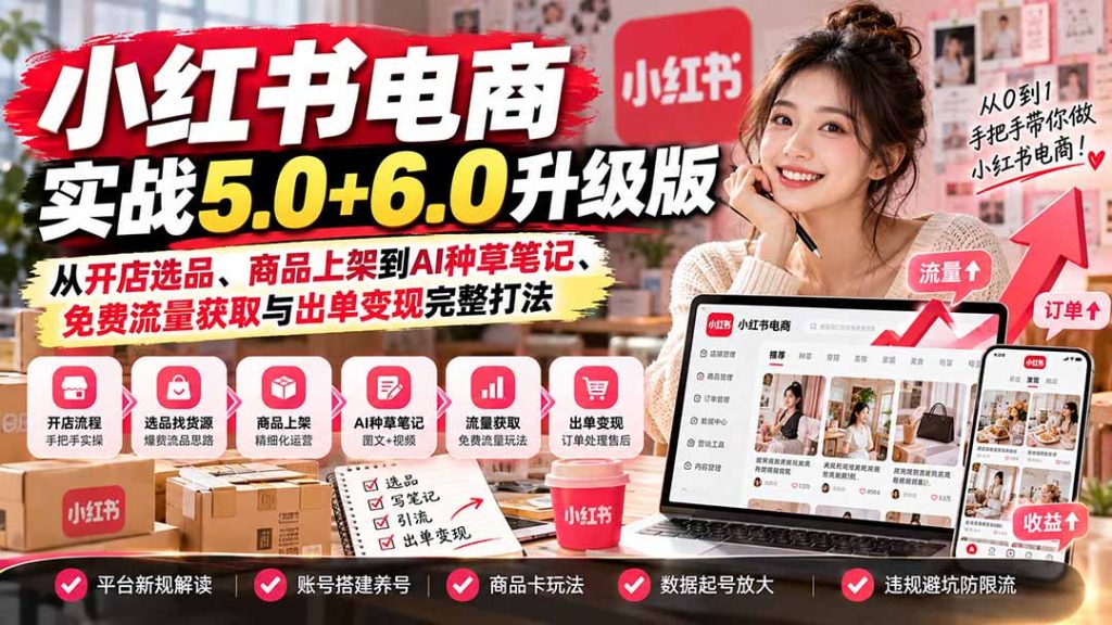 小红书电商实战5.0+6.0升级版：从开店选品、商品上架到AI种草笔记、免费流量获取与出单变现完整打法-泱泱学习社