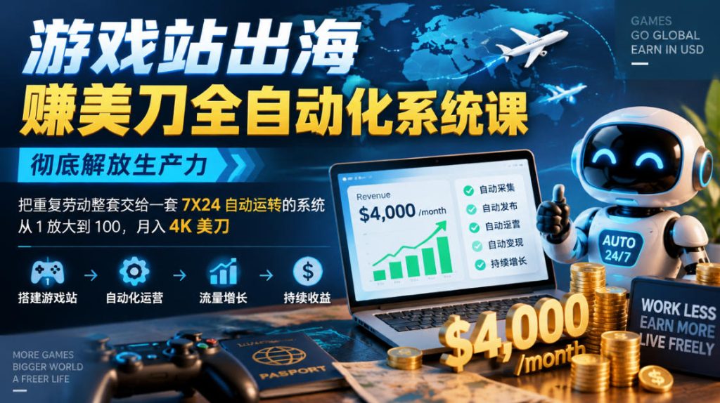 游戏站出海賺美刀全自动化系统课,彻底解放生产力–把重复劳动整套交给一套7X24自动运转的系统,从1放大到100,月入4K美刀-泱泱学习社