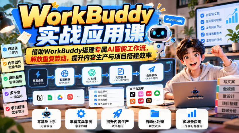 WorkBuddy实战应用课,借助WorkBuddy搭建专属AI智能工作流,解放重复劳动,提升内容生产与项目搭建效率-泱泱学习社