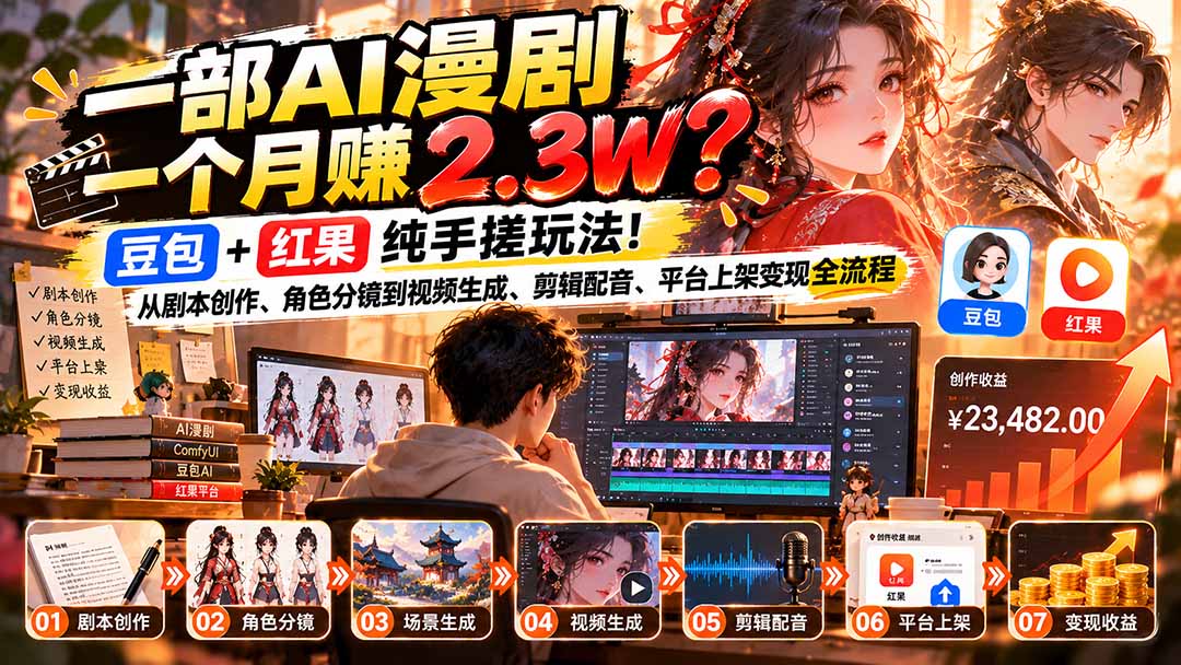 一部AI漫剧一个月赚2.3W？豆包+红果纯手搓玩法！从剧本创作、角色分镜到视频生成、剪辑配音、平台上架变现全流程-泱泱学习社