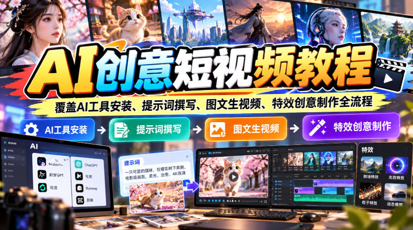 AI创意短视频教程,覆盖AI工具安装、提示词撰写、图文生视频、特效创意制作全流程-泱泱学习社