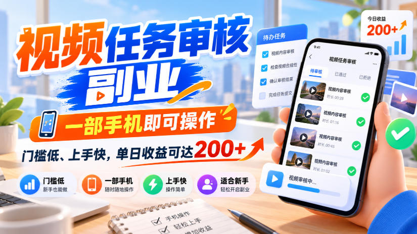 视频任务审核副业,一部手机即可操作,门槛低、上手快,单日收益可达200+【揭秘】-泱泱学习社