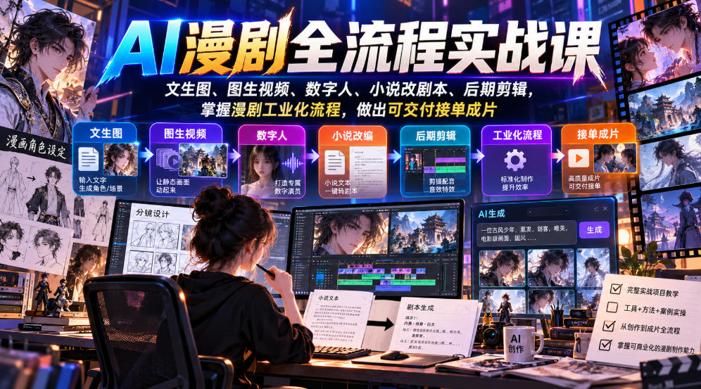 AI漫剧全流程实战课，文生图、图生视频、数字人、小说改剧本、后期剪辑，掌握漫剧工业化流程，做出可交付接单成片-泱泱学习社