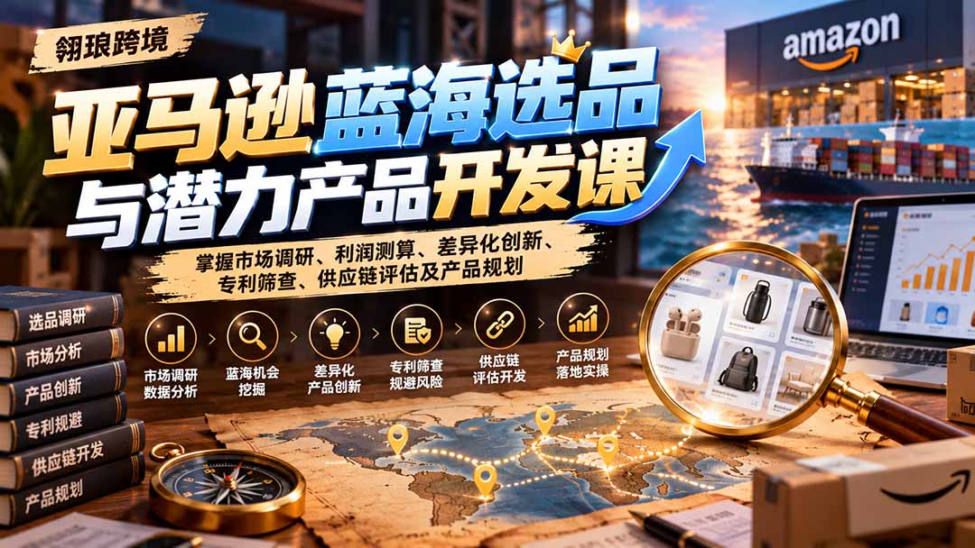 亚马逊蓝海选品与潜力产品开发课:掌握市场调研、利润测算、差异化创新、专利筛查、供应链评估及产品规划-泱泱学习社