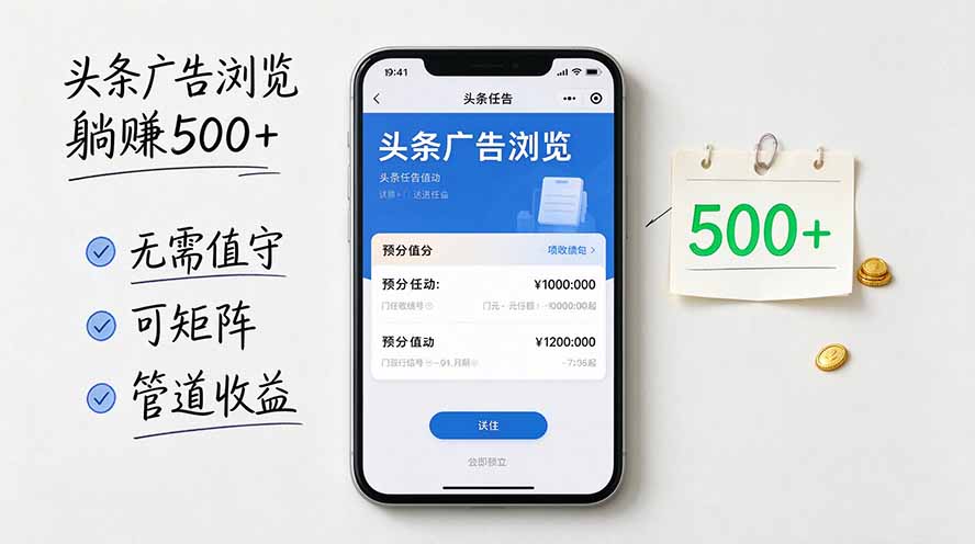 头条广告浏览躺赚500+无需值守，可矩阵并附有管道收益-泱泱学习社