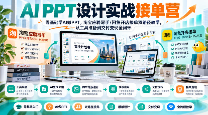 AI PPT设计实战接单营|零基础学AI做PPT,淘宝应聘写手/闲鱼开店接单双路径教学,从工具准备到交付变现全闭环-泱泱学习社
