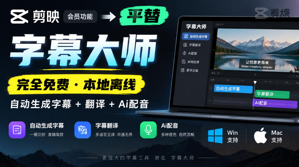 剪映会员功能平替,字幕大师完全免费本地离线,支持自动生成字幕+翻译+Ai配音,Win和Mac都支持!-泱泱学习社