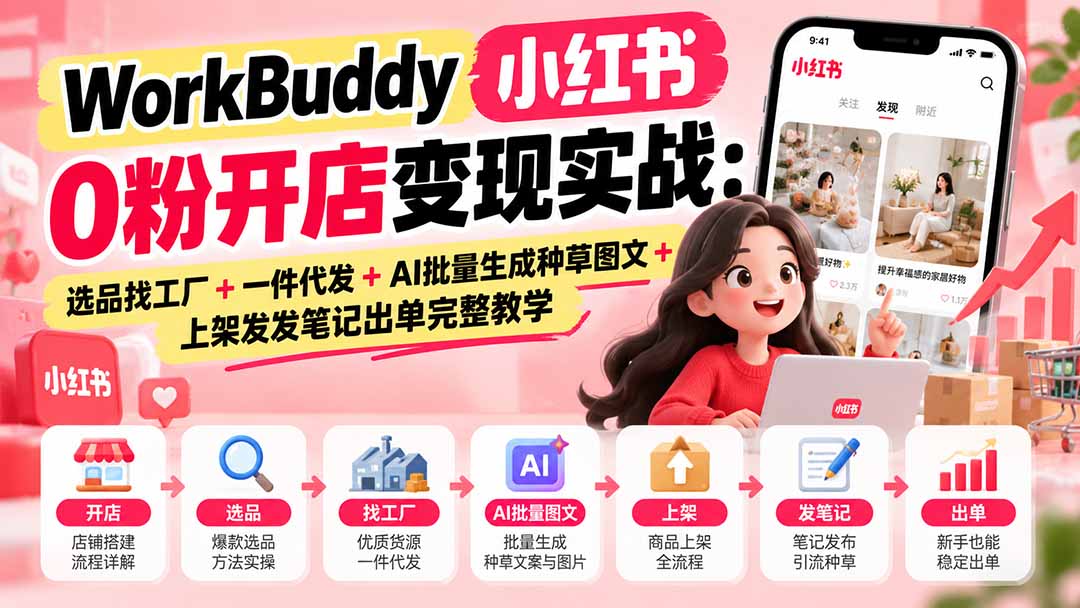 WorkBuddy小红书0粉开店变现实战:选品找工厂+一件代发+AI批量生成种草图文+上架发发笔记出单完整教学-泱泱学习社
