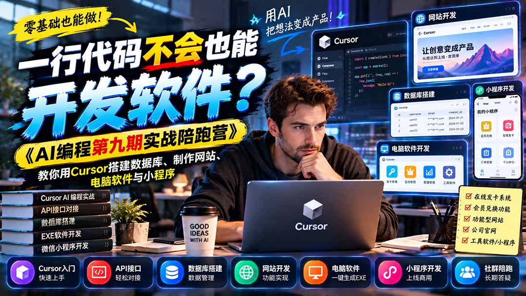 一行代码不会也能开发软件?《AI编程第九期实战陪跑营》教你用Cursor搭建数据库、制作网站、电脑软件与小程序-泱泱学习社