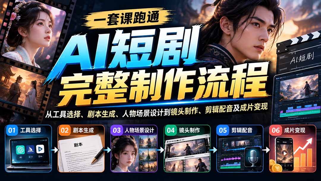 一套课跑通AI短剧完整制作流程:从工具选择、剧本生成、人物场景设计到镜头制作、剪辑配音及成片变现-泱泱学习社