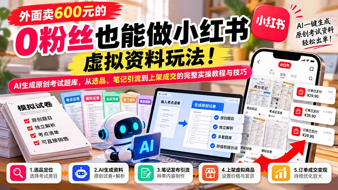 外面卖600元的 零粉丝也能做小红书虚拟资料玩法!AI生成原创考试题库,从选品、笔记引流到上架成交的完整实操教程-泱泱学习社