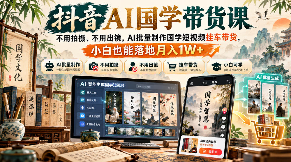 抖音AI国学带货课，不用拍摄、不用出镜，AI批量制作国学短视频挂车带货，小白也能落地月入1W+-泱泱学习社
